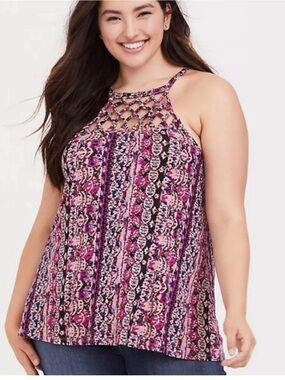 Torrid NWT Purple Ikat Lattice Front Sleeveless Top Size 2X B18